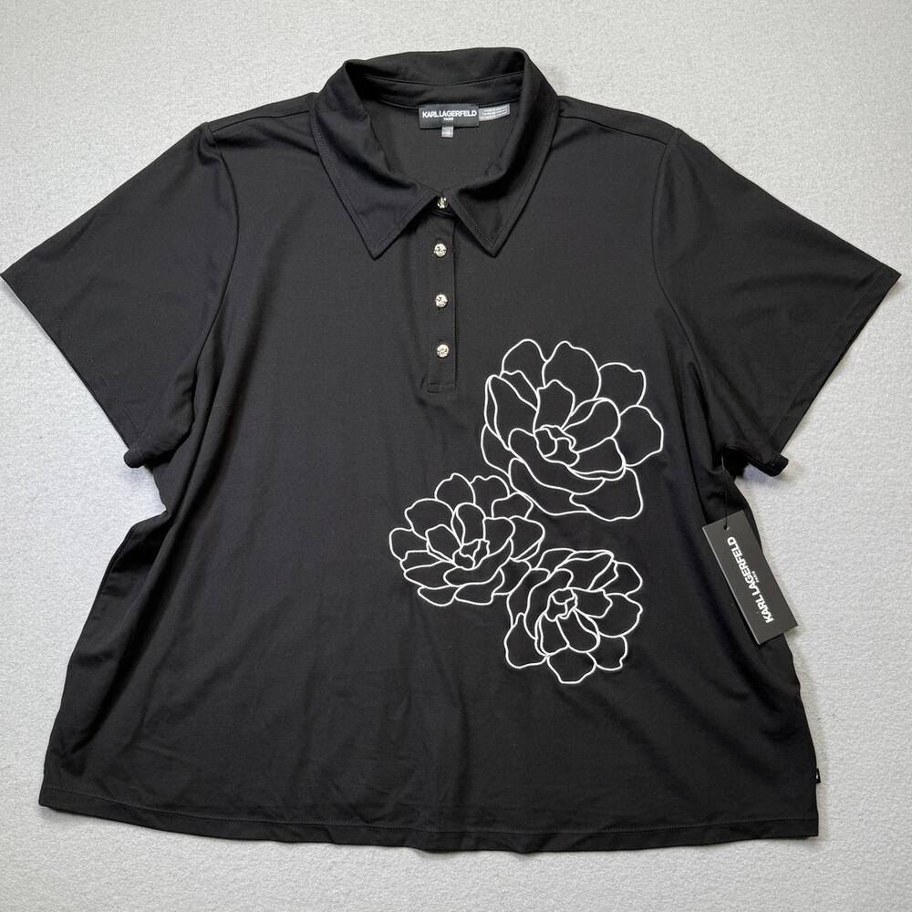 KARL LAGERFELD PARIS Plus Size Floral Polo Short-Sleeve Top black 1X $99